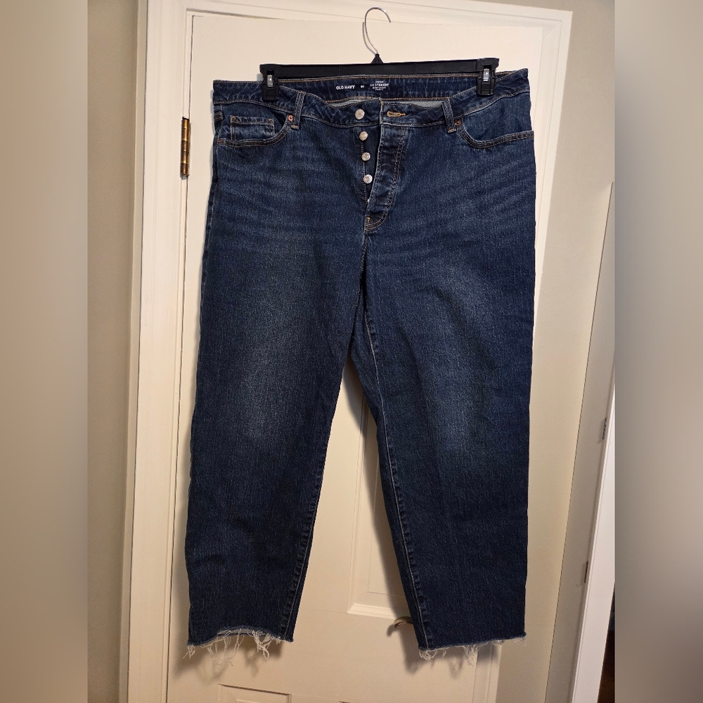 Old Navy OG Straight Button Fly Jeans Size 20 with Raw Hem - Dark Blue Wash